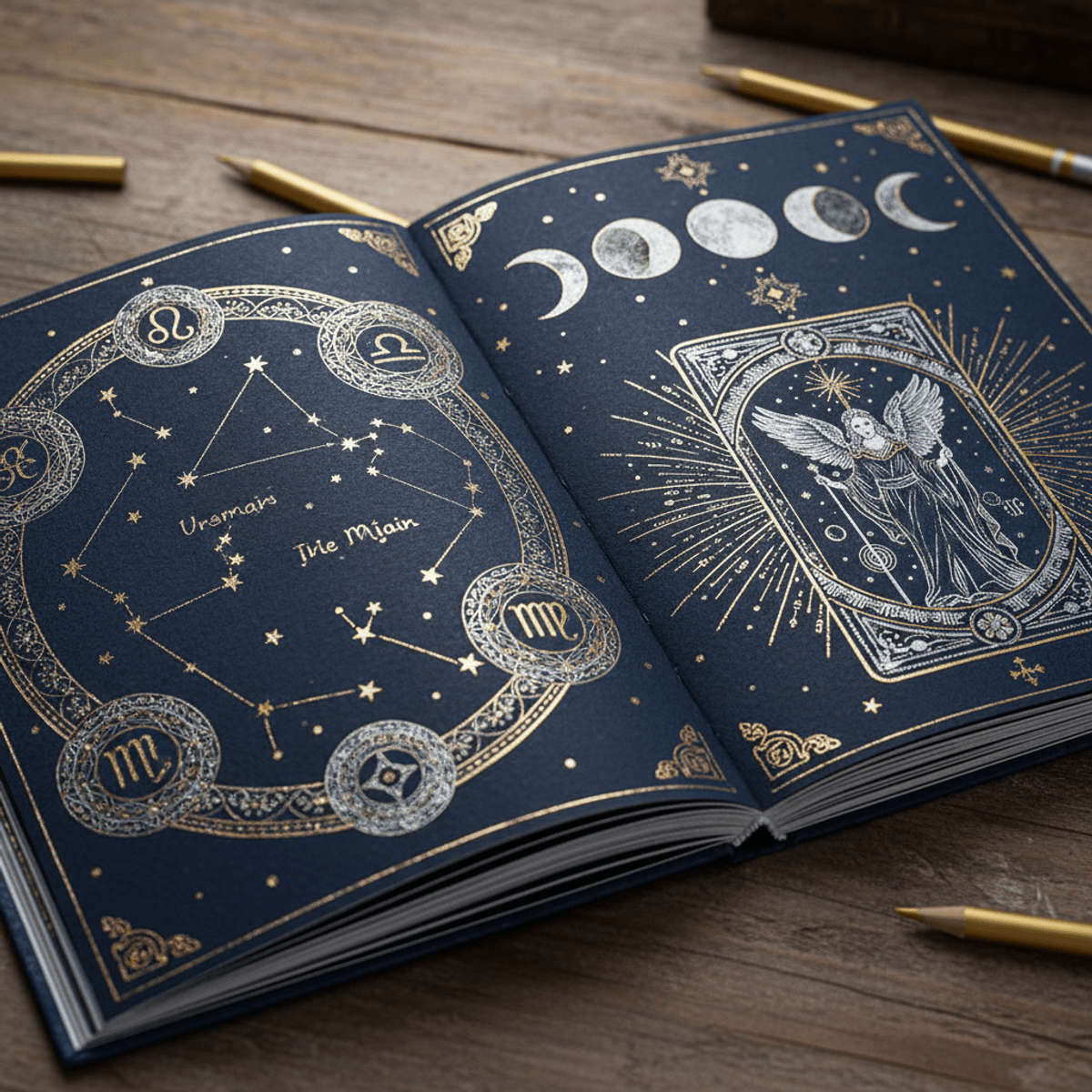 Open coloring book with star maps, zodiac, and moon phases on a wooden desk.