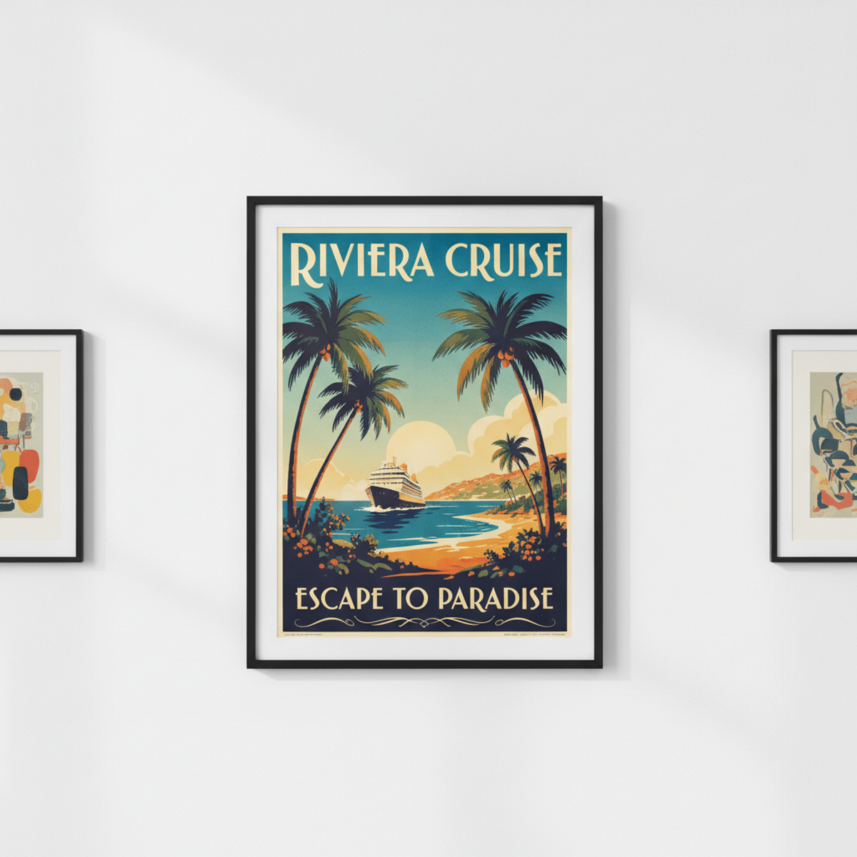 Slim matte black frame with vintage travel poster Ultra-slim matte black poster frame displaying vintage travel art in a gallery.