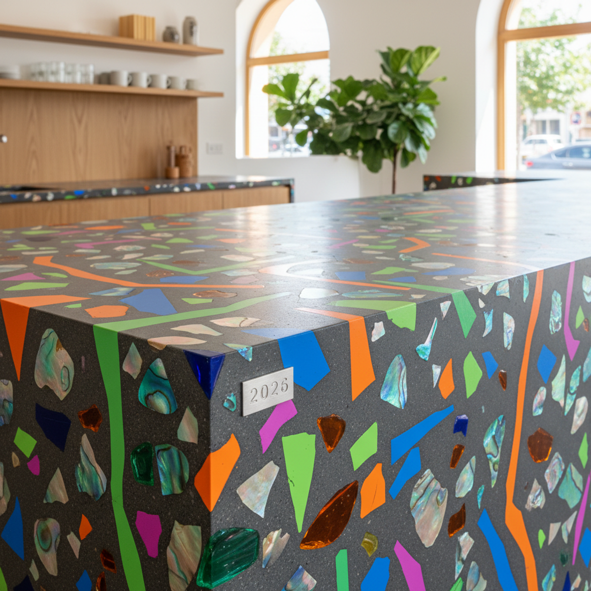 Oversized terrazzo epoxy countertop with recycled aggregates and mother-of-pearl.