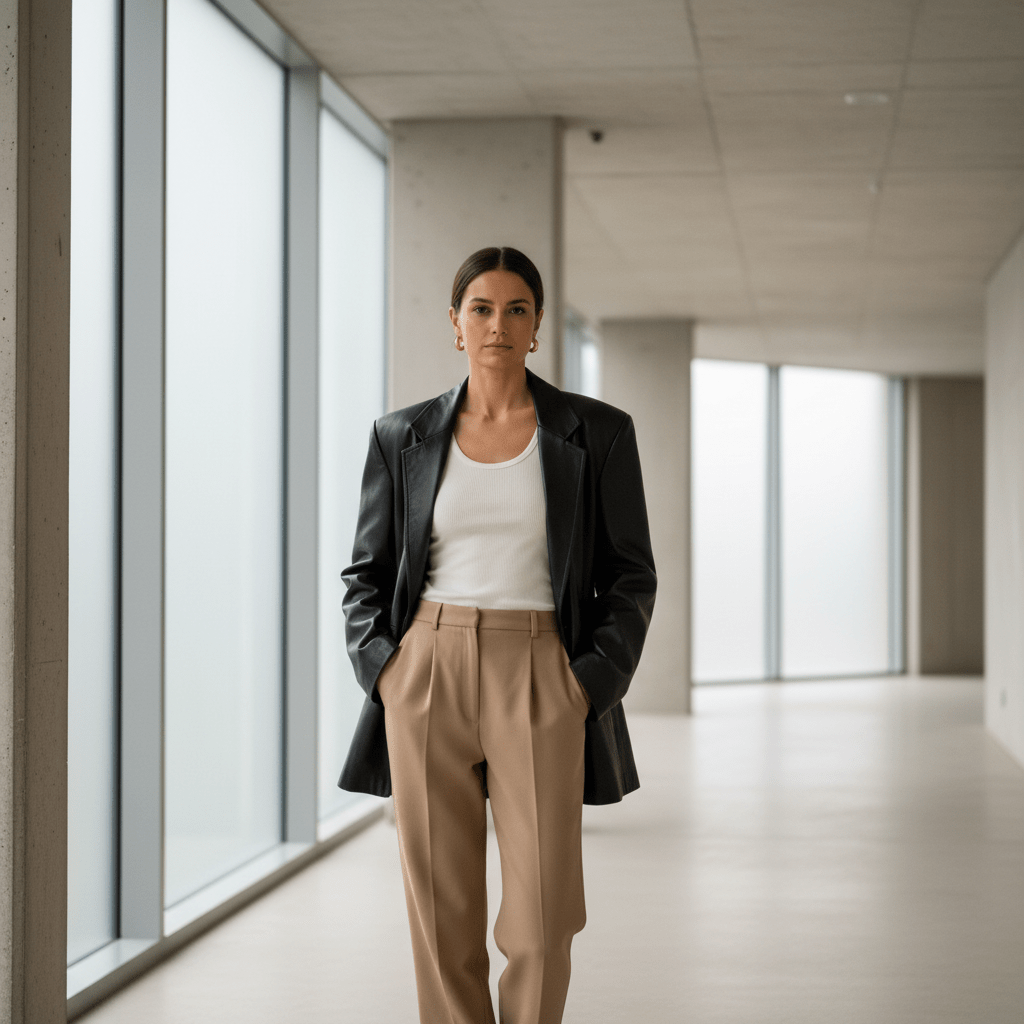Woman in 90s fashion, black leather blazer, beige trousers, minimalist concrete space.