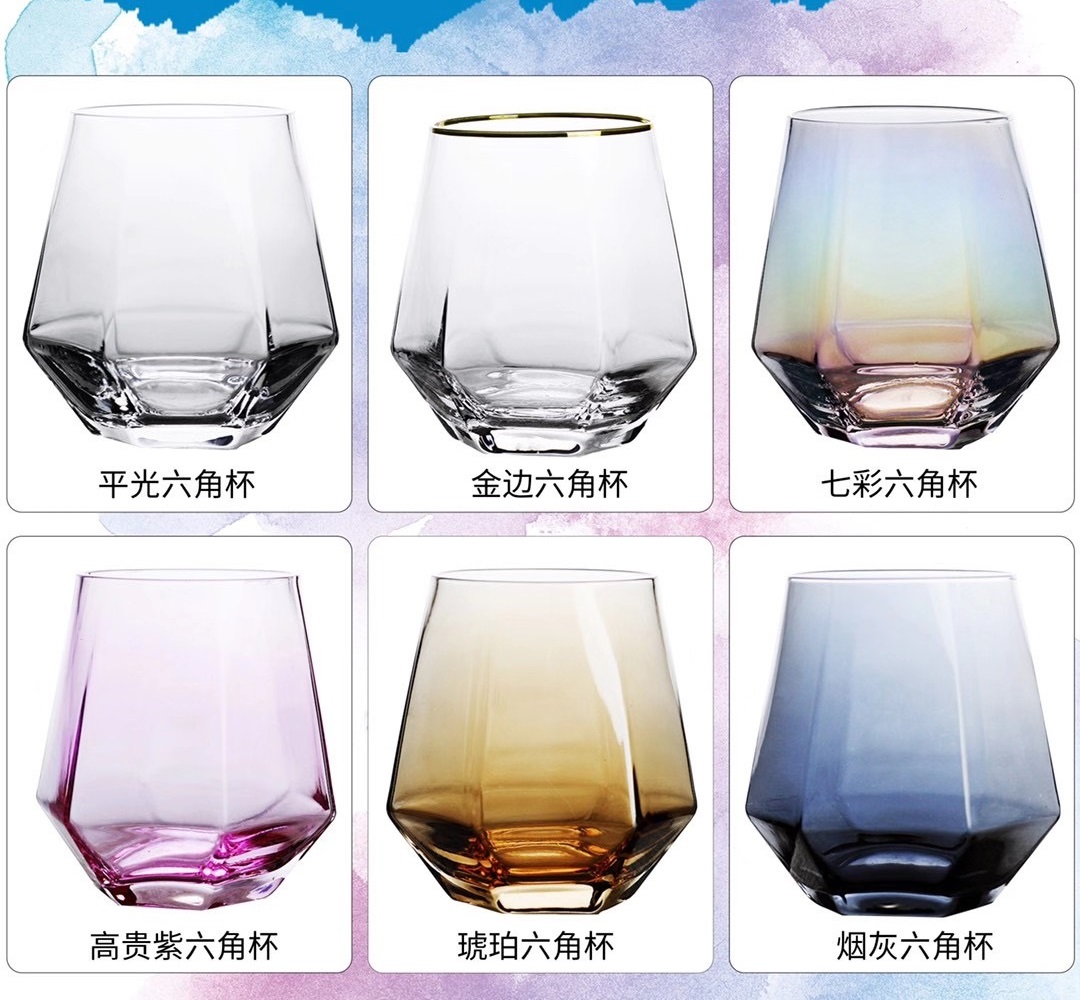 Hexagonal Clear Cup Stock OEM Colored Gold Rim Whiskey Glass Cup