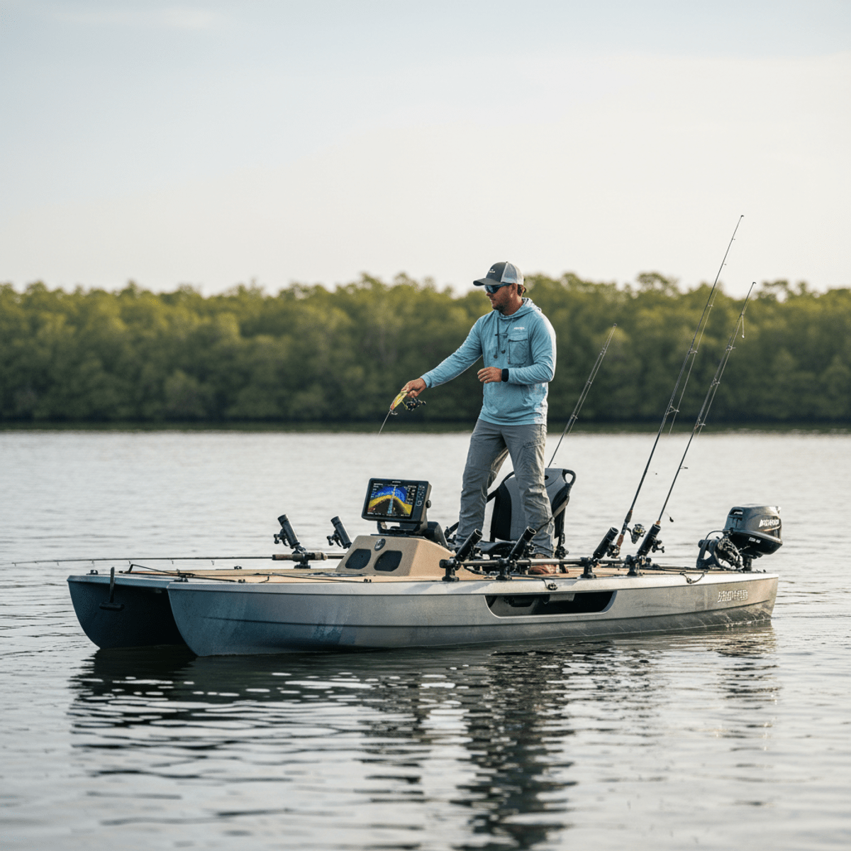 Stable fishing kayak with angler casting into calm water. Angler stands confidently on a stable fishing kayak, casting into calm, reflective water.