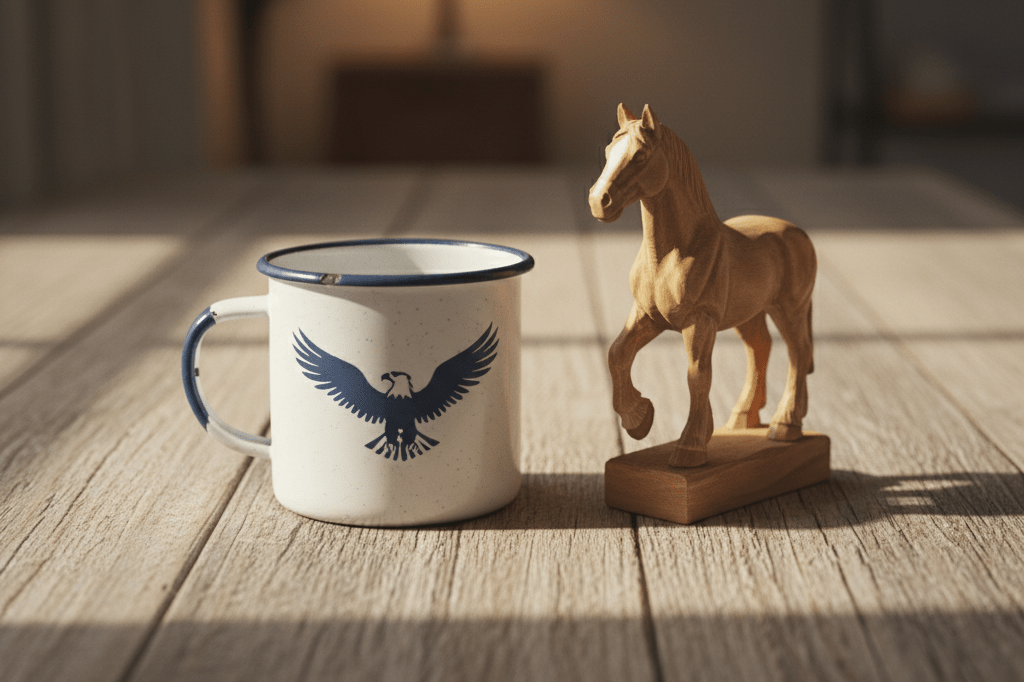 Medium shot of an enamel mug with bald eagle emblem and carved Clydesdale figurine on wooden table under natural and warm ambient light
