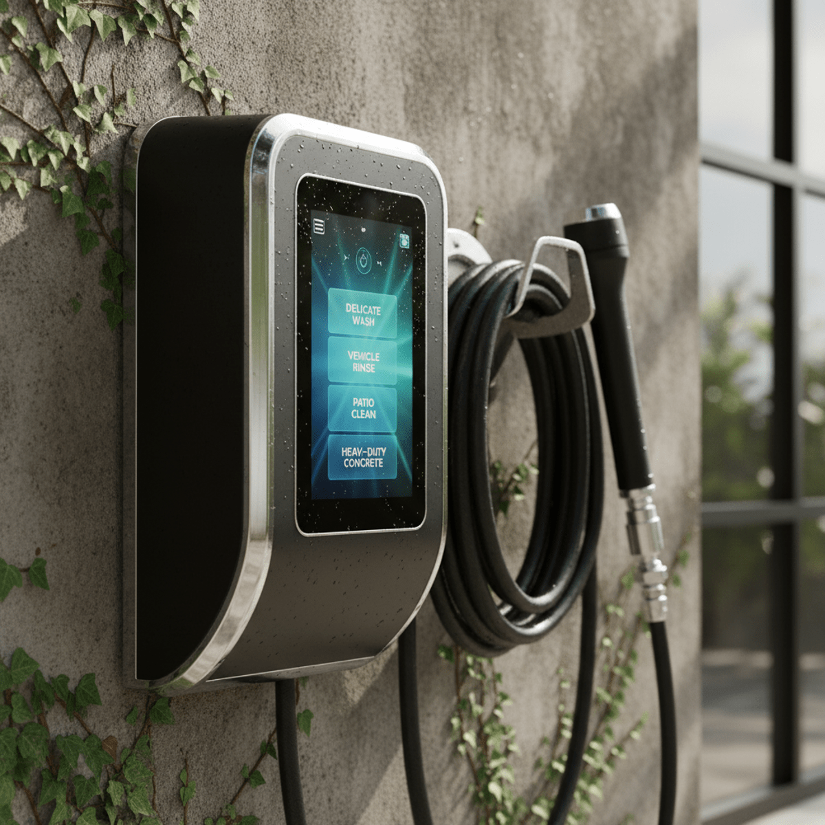 Modern wall-mounted power washer system with touchscreen in an outdoor maintenance station.