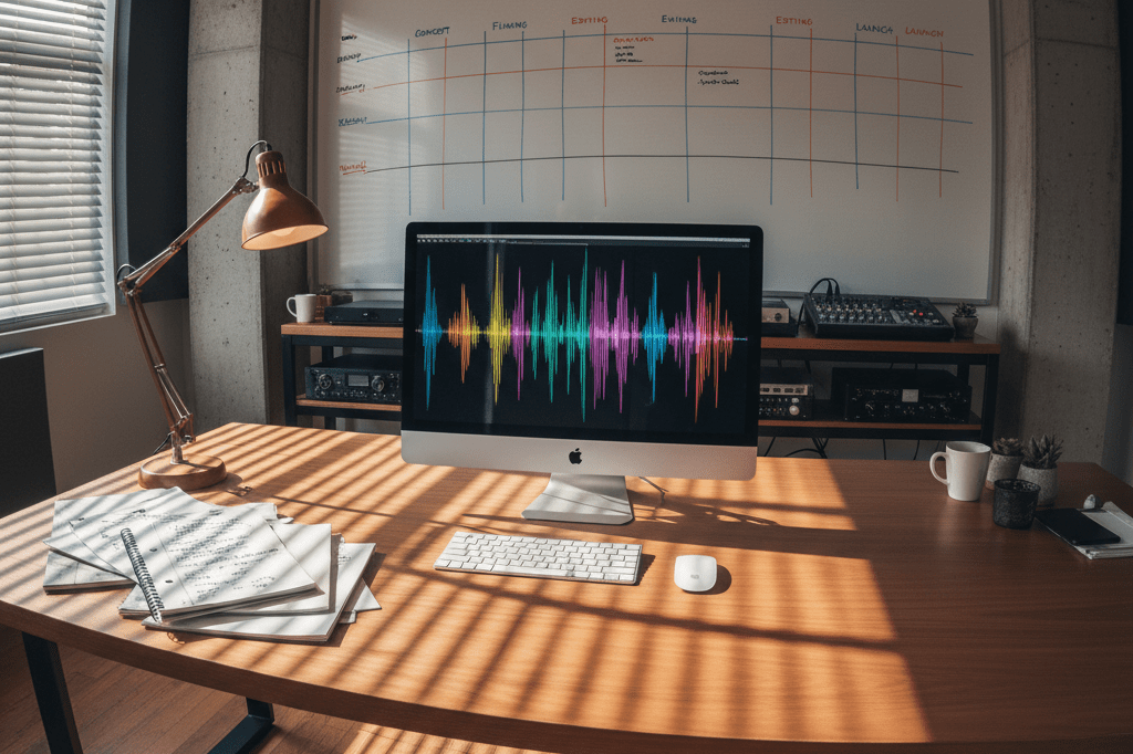 Wide-angle view of a professional editing suite bathed in ambient light, featuring organized notes, waveform displays, and timeline boards.
