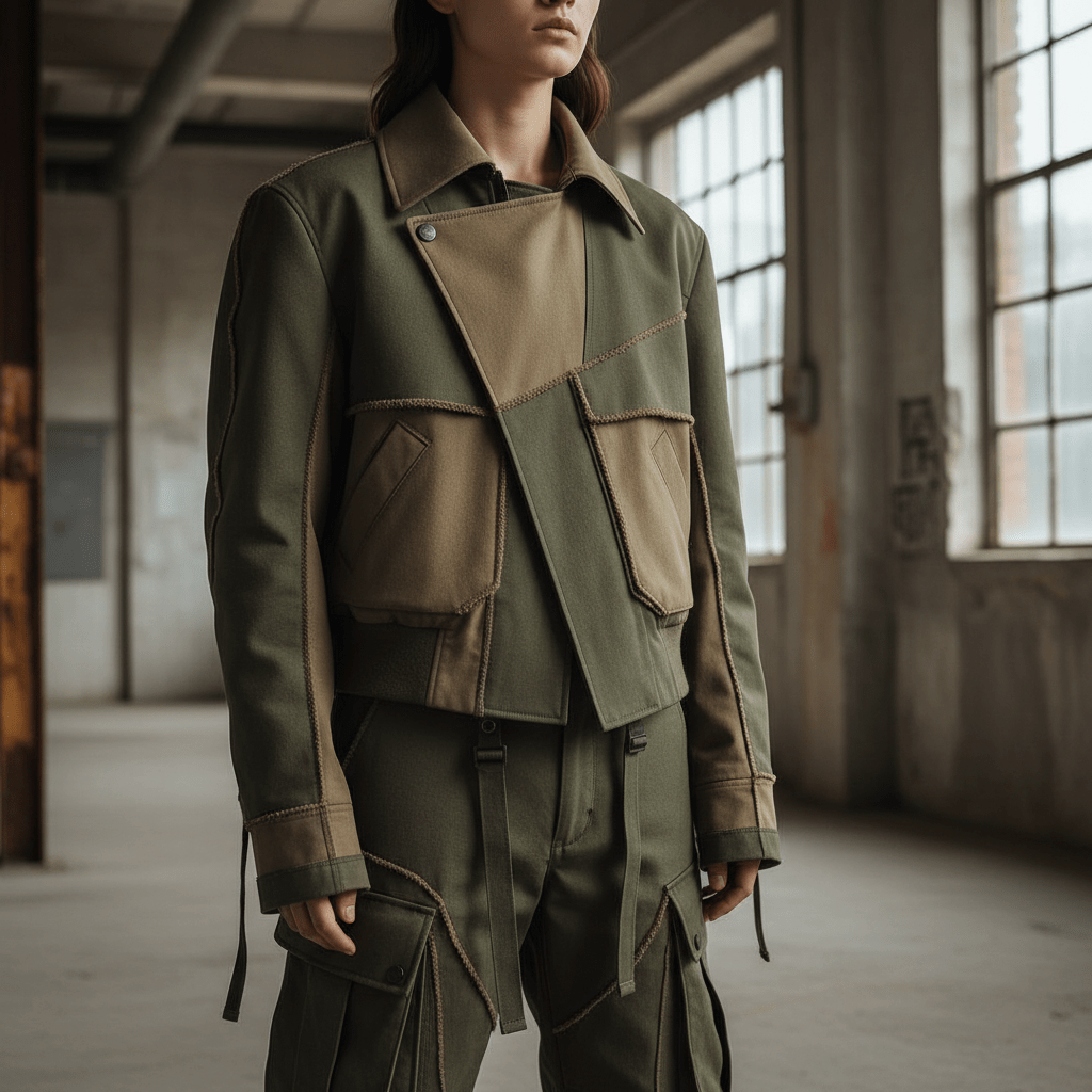 Avant-garde deconstructed combat uniform with hybrid jacket and misaligned cargo pants.