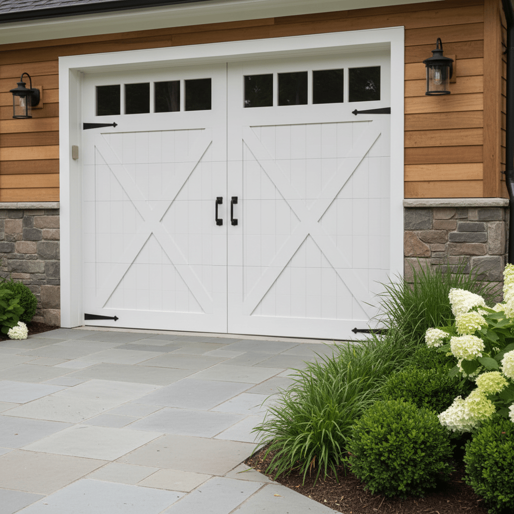 Classic modern farmhouse garage door with white cross-buck panels and black iron hardware.
