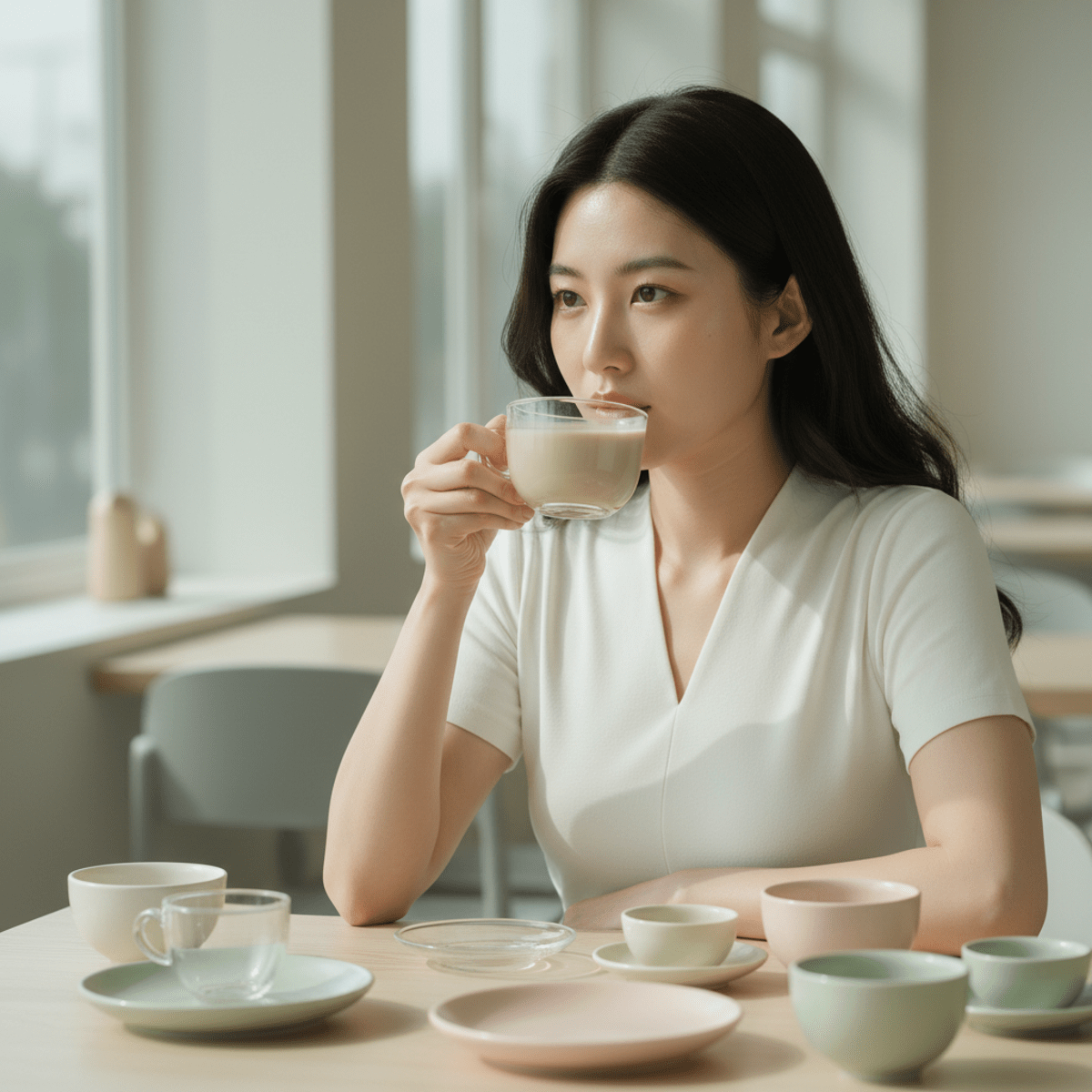 Model sips rose milk tea in a sunlit cafe with Korean lip gloss and natural skin glow.