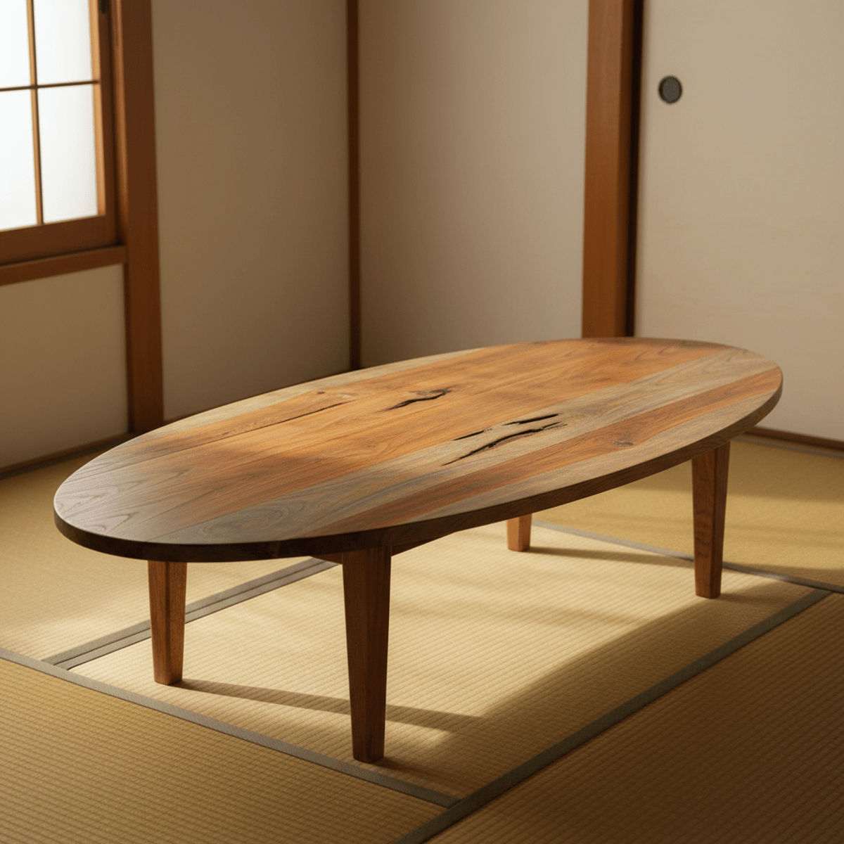 Oval reclaimed wood coffee table with weathered texture in a Japanese-inspired room.