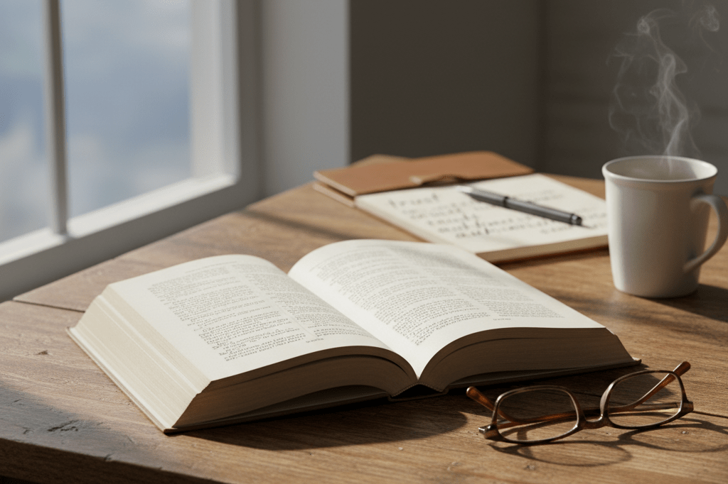 An open book on a table with handwritten notes nearby, bathed in natural light, representing themes of authenticity and scrutiny