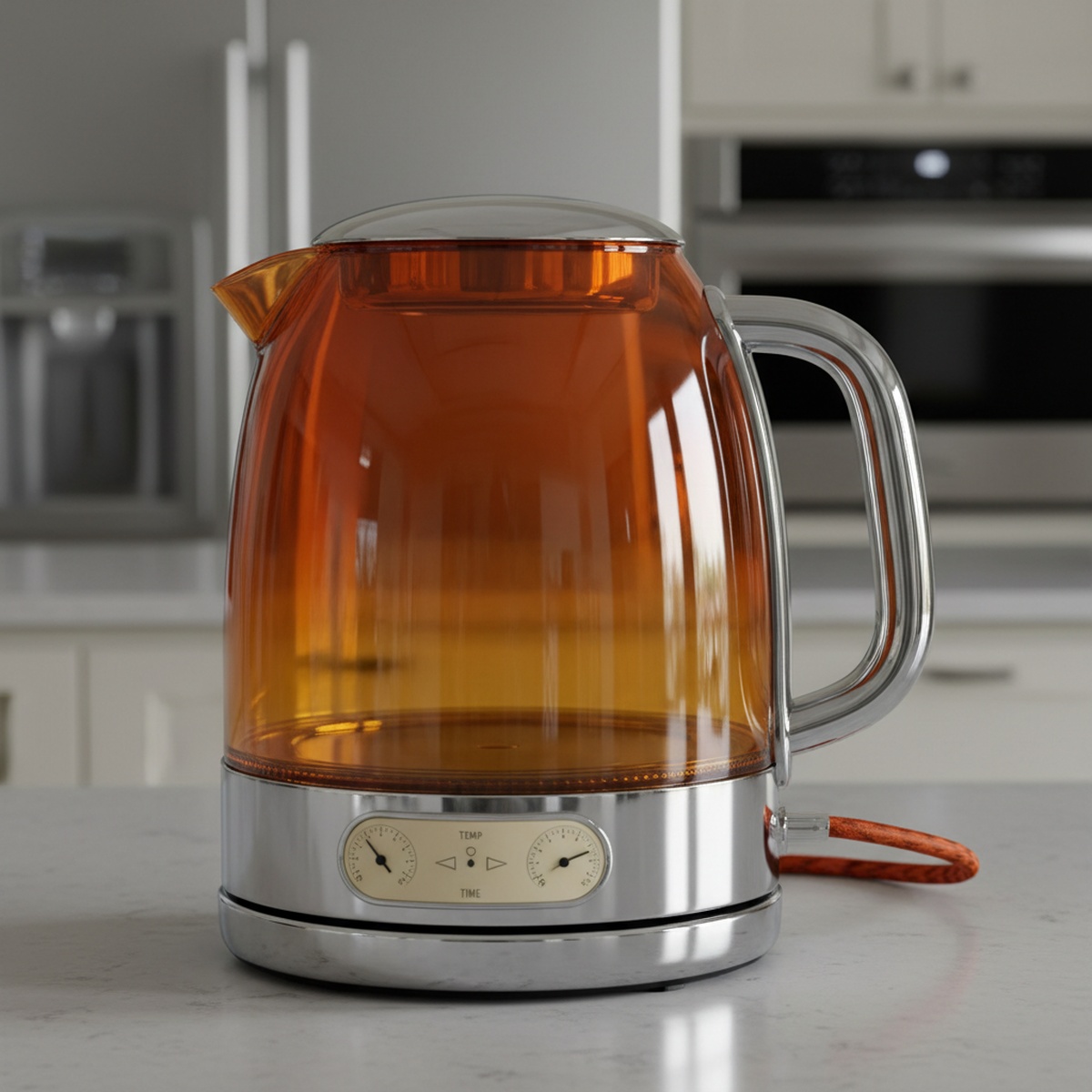 Dome-shaped burnt orange glass kettle with chrome trim and retro dials.