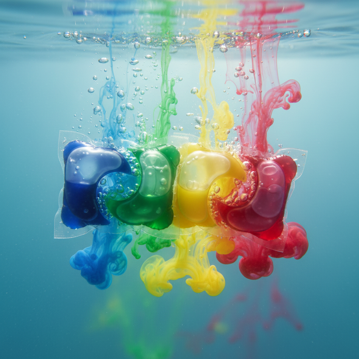 Translucent laundry pods dissolving, releasing colorful streams into clear water with bubbles.