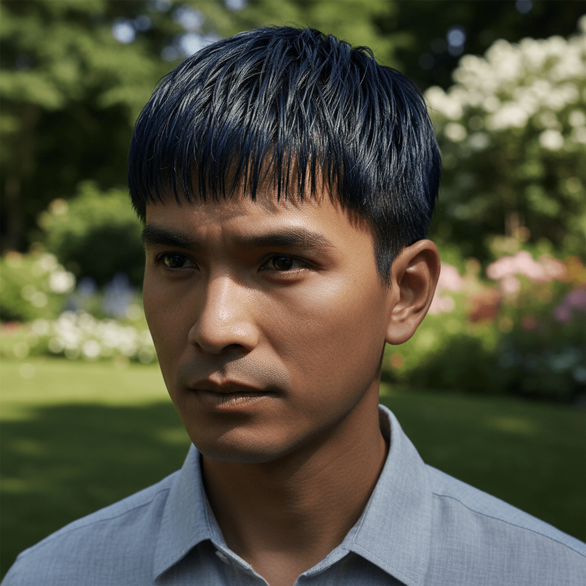 Man with indigo and katam layered hair under cinematic lighting in a garden.