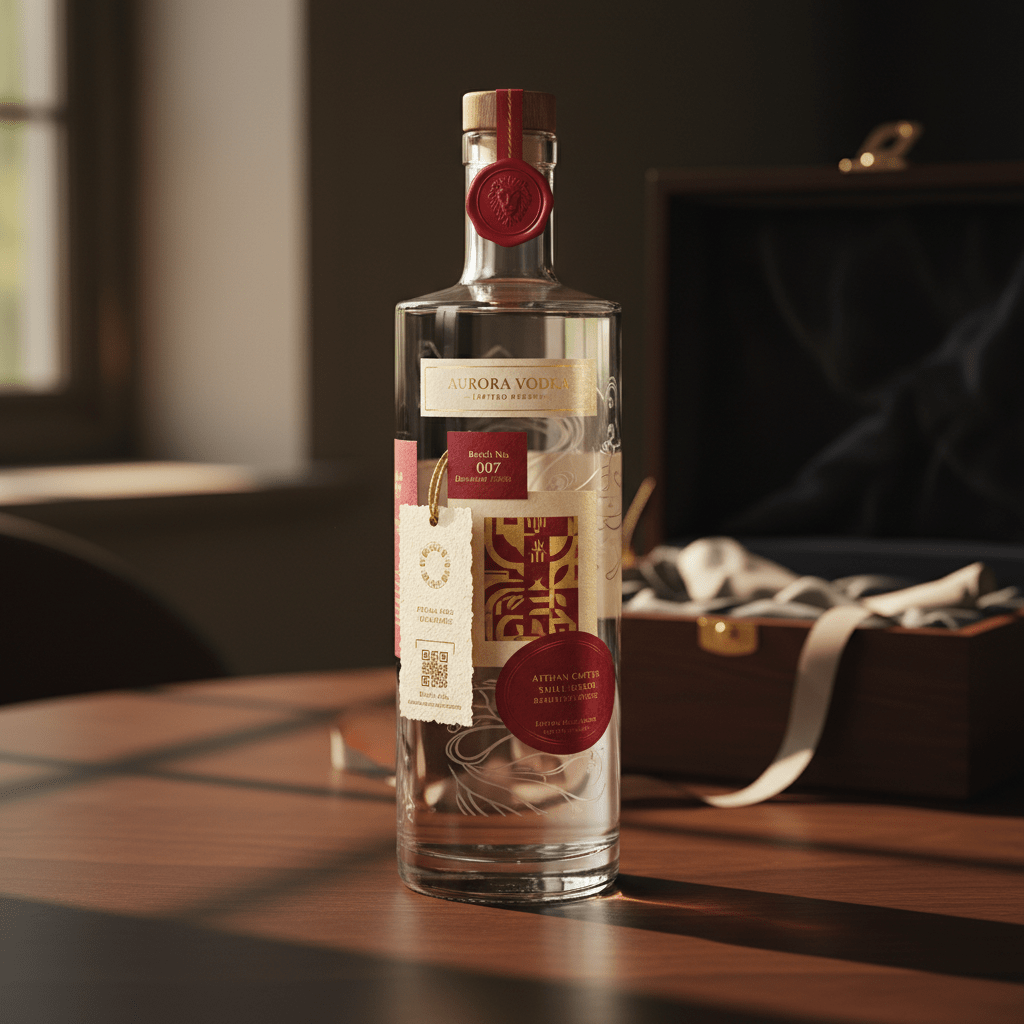 Collector's edition vodka bottle with deconstructed labeling and red wax seal.