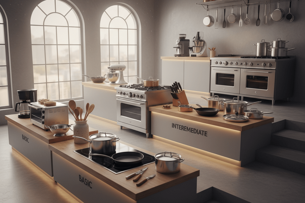 Three-level kitchen setup with basic to professional tools under natural light, evoking viewer engagement and equipment needs
