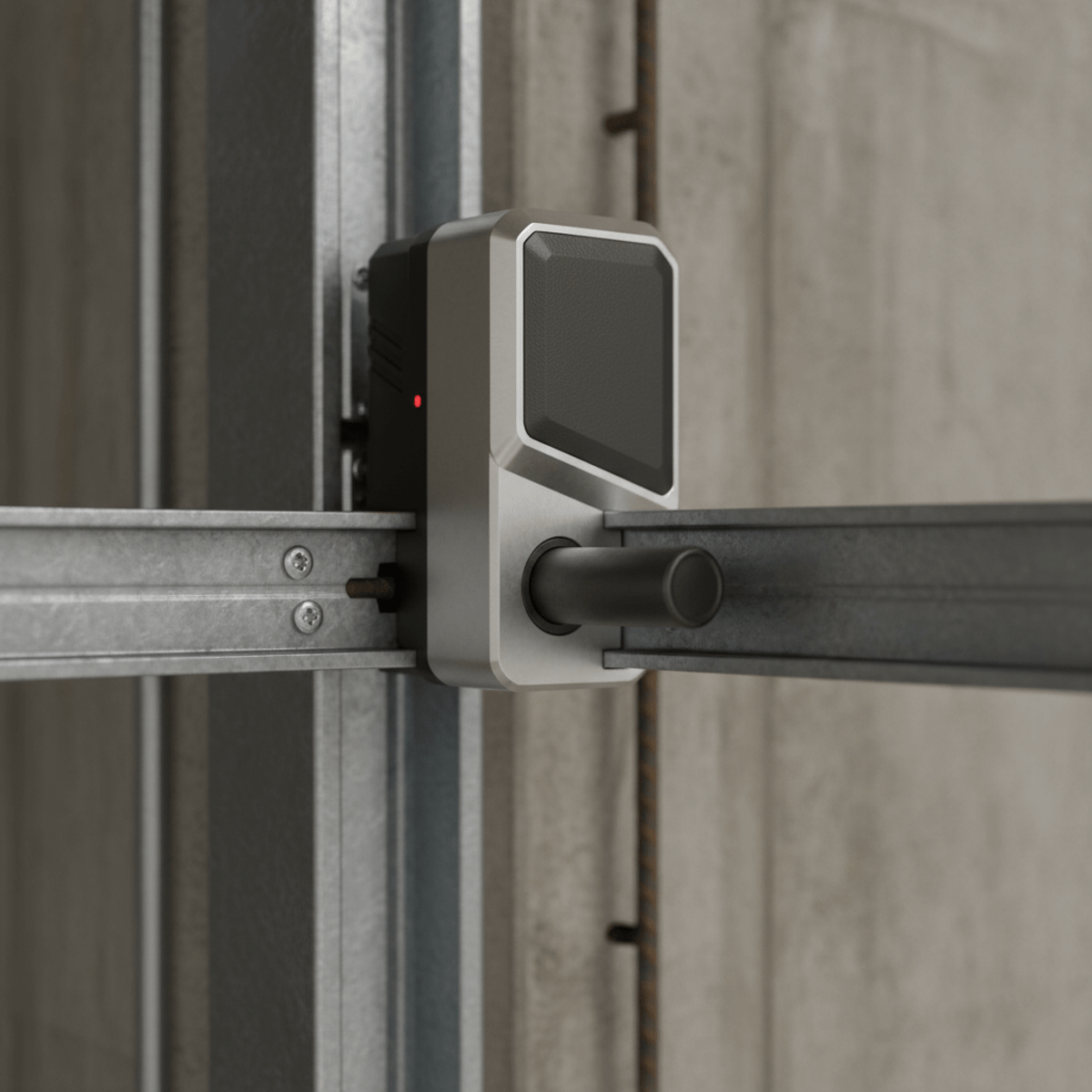Close-up of automatic deadbolt mechanism engaging in garage door opener track.