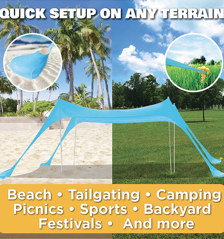 2020 New Design Portable Huge Lycra, Fabric Aluminium Pole Rod Quick Setup Windproof Uv Protect Large Family Beach Tarp Shade/