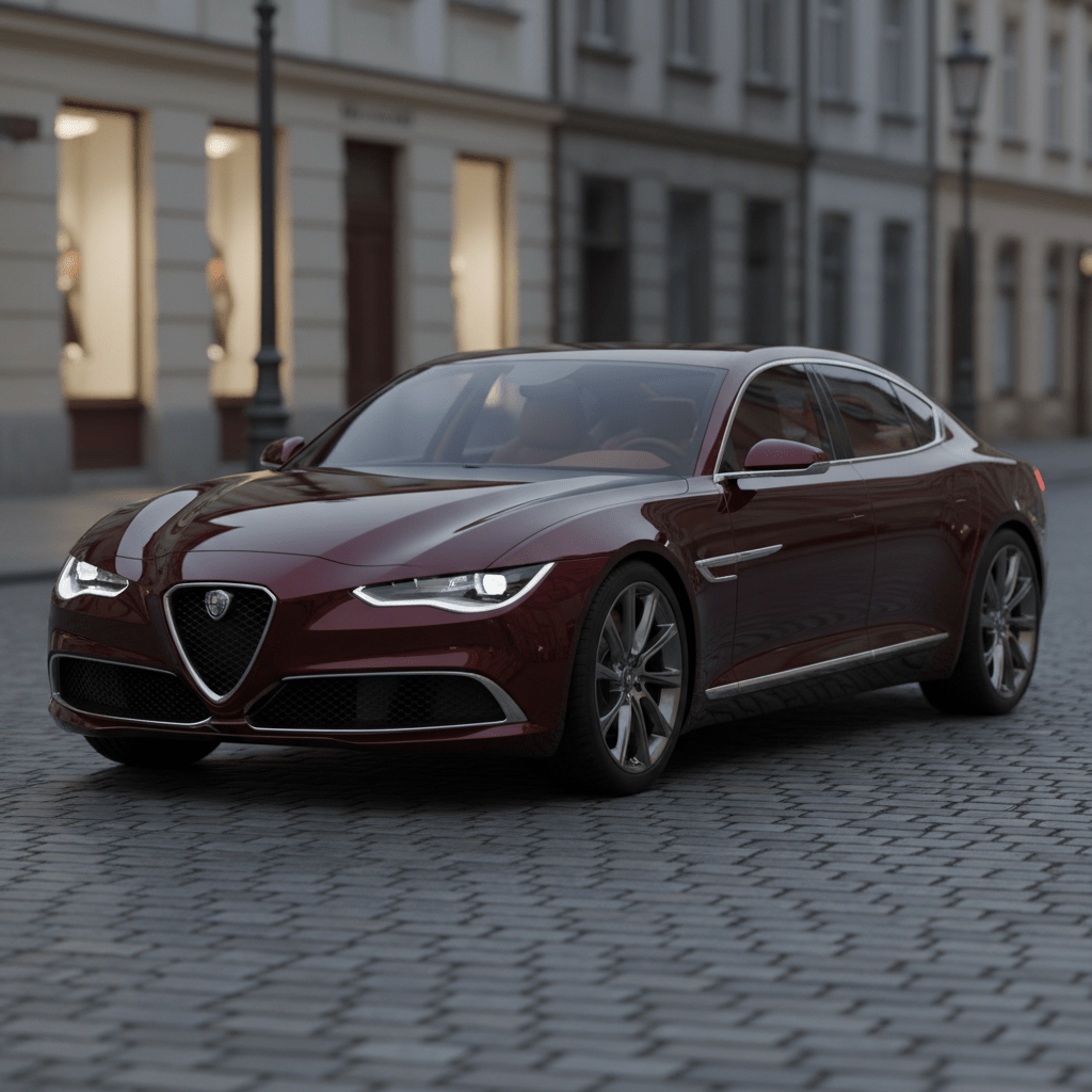 Sleek European sports sedan with muscular haunches on a cobblestone street at dusk.
