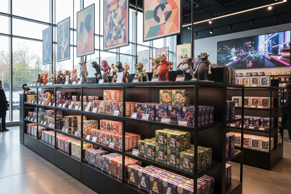 Wide shot of animation collectibles displayed on shelves under natural light, symbolizing cross-platform merchandising opportunities