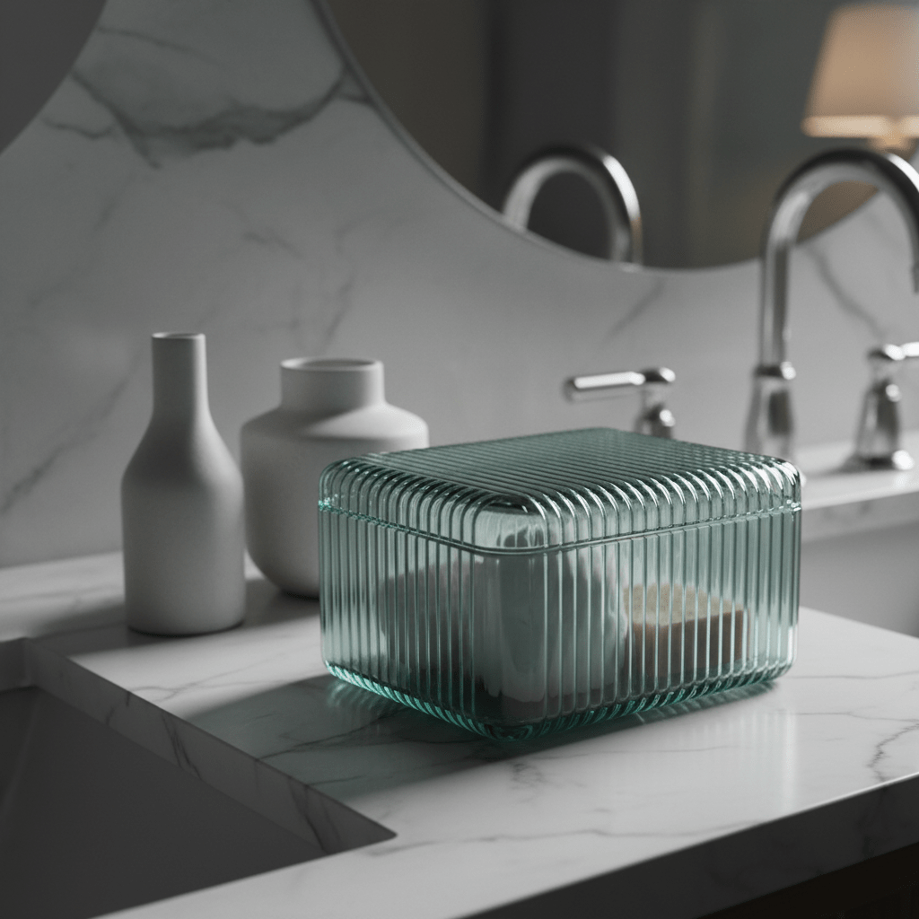 Semi-transparent ribbed borosilicate glass storage box on a bathroom vanity.