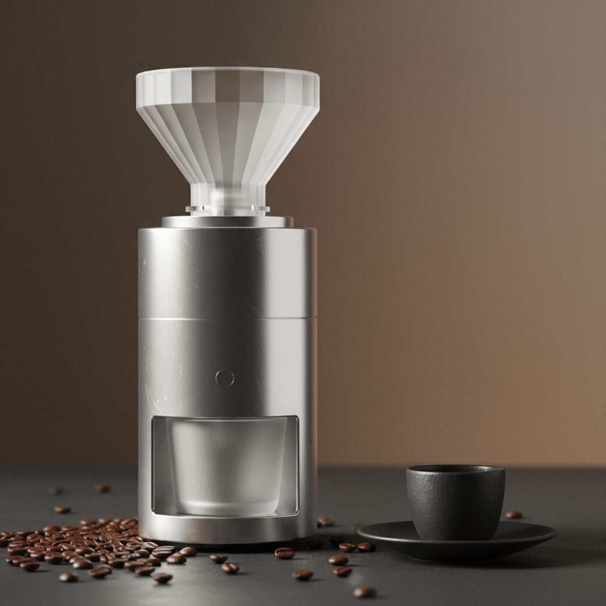 Sleek futuristic coffee grinder with integrated bellows and polished aluminum finish.