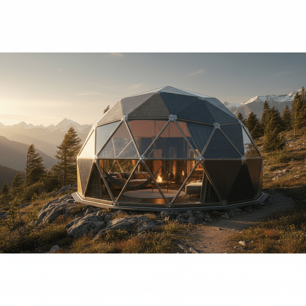 Futuristic geodesic dome tent with panoramic windows on a remote hillside at golden hour.