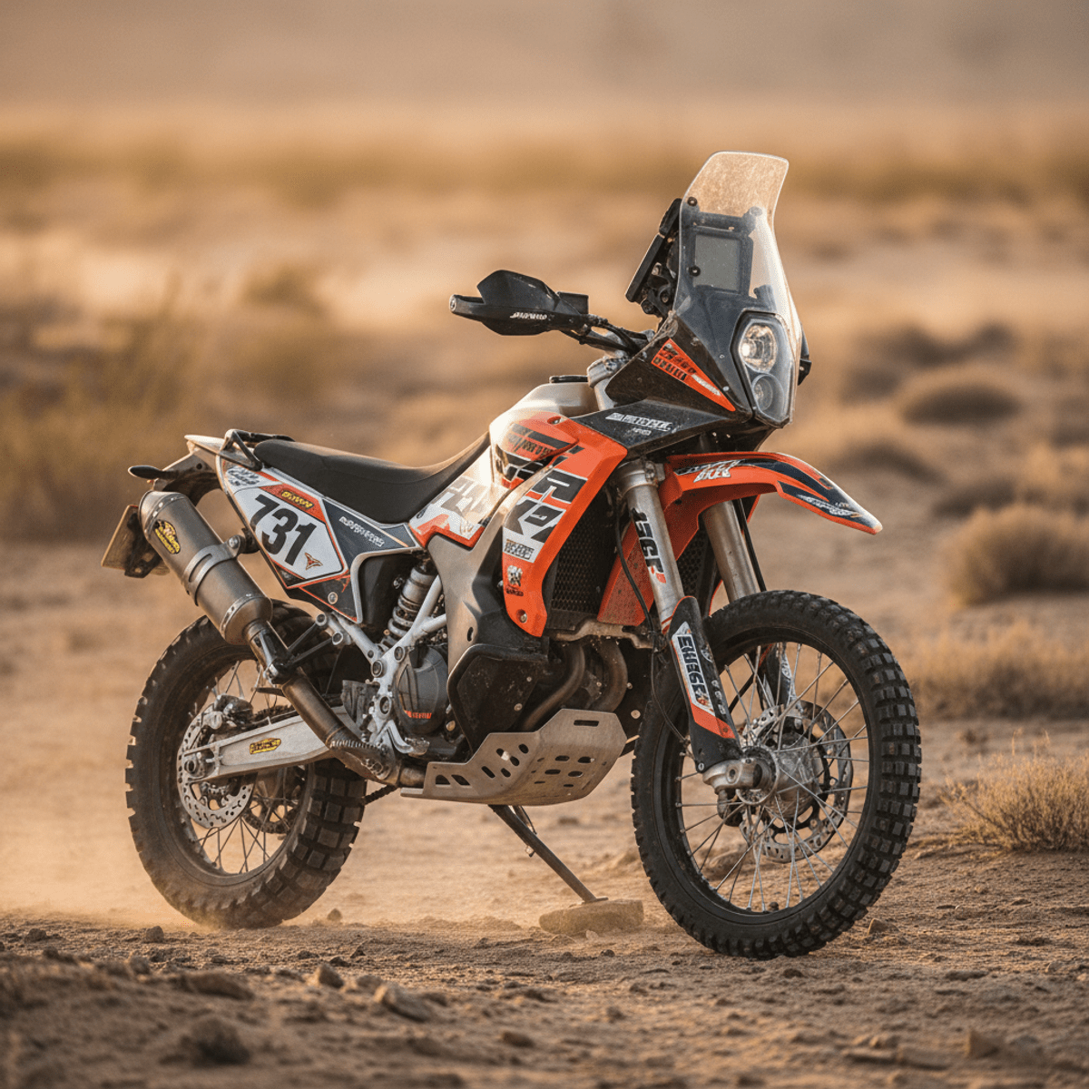 Desert motorcycle with tall navigation tower and large windscreen Desert-ready 250cc motorcycle with tall navigation tower and large windscreen.