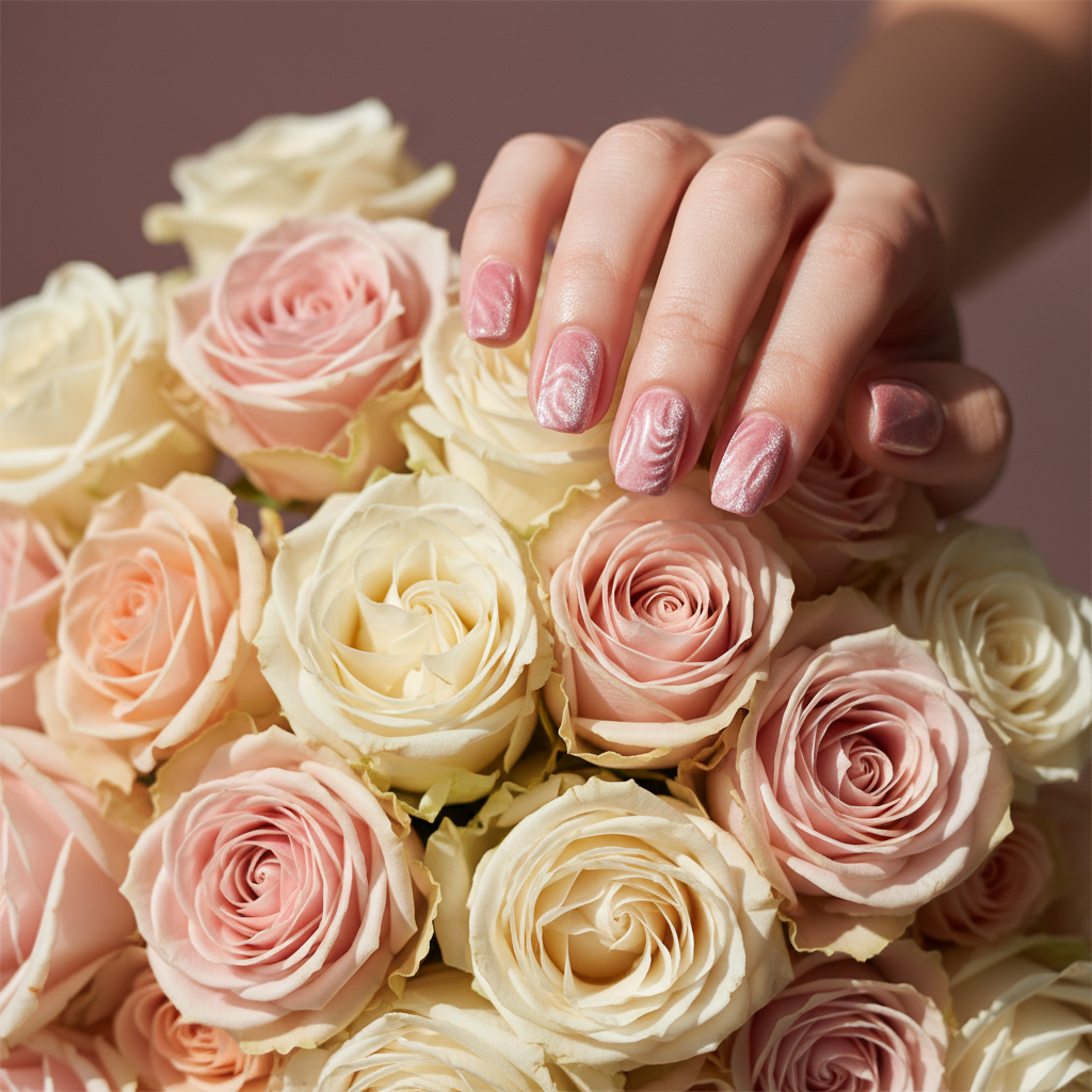 Hand with dusty pink velvet magnetic nails resting on a delicate rose bouquet.