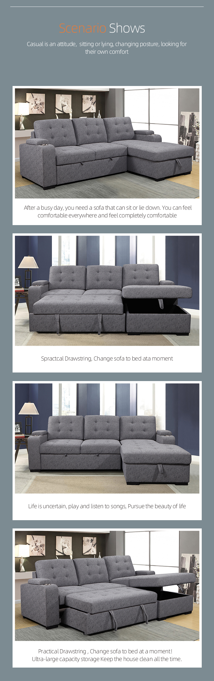 China factory wholesale price living room corner Sofa Bed chaise modular sofa