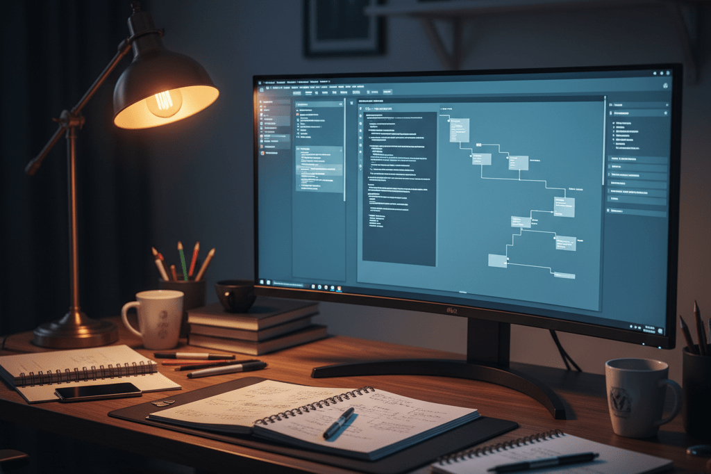 Wide shot of a gaming desk with monitor, notebooks, and soft lighting, representing the complexities of managing digital updates