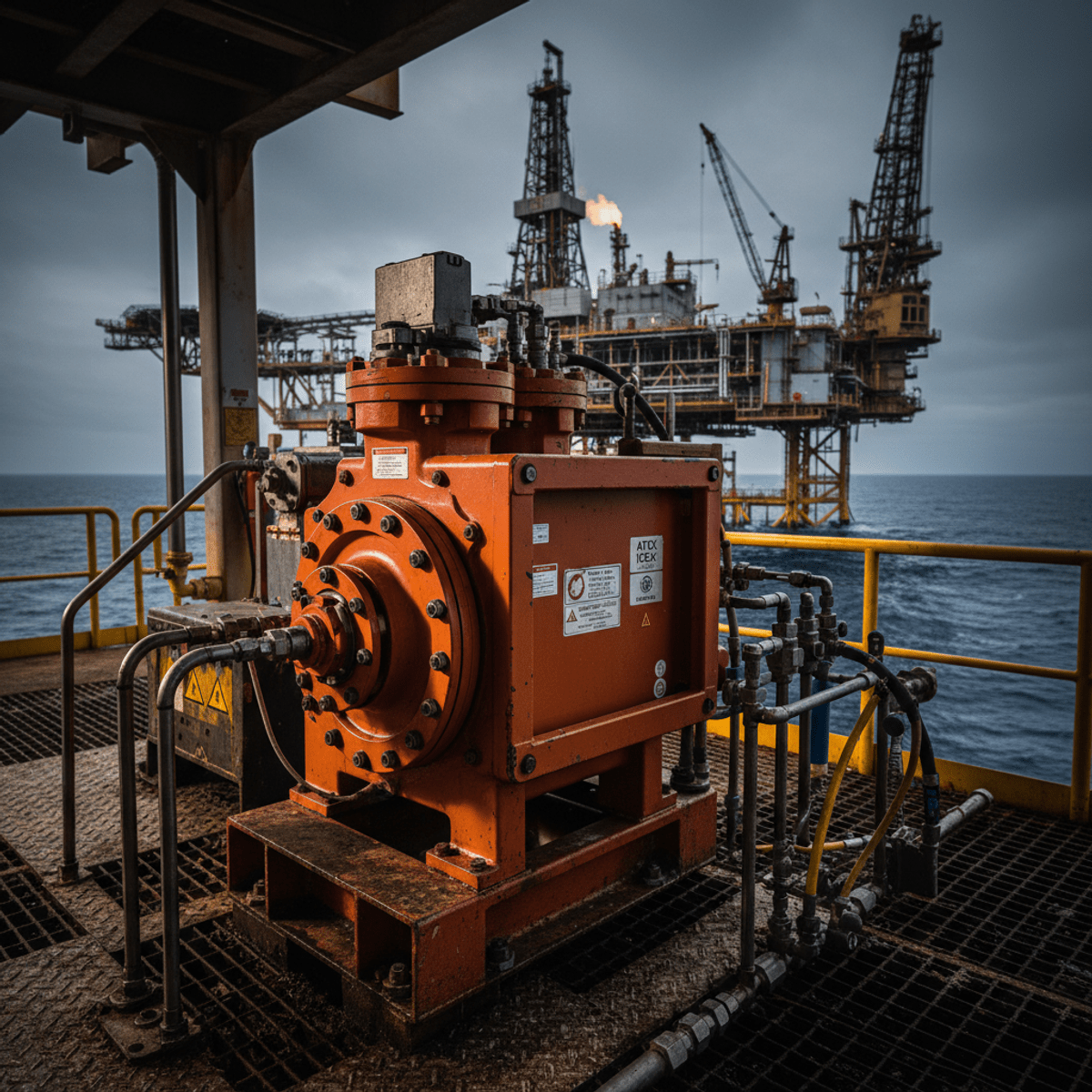 Explosion-proof oil pump on unmanned offshore platform Heavy-duty explosion-proof electric oil pump on an offshore platform with hydraulic lines.