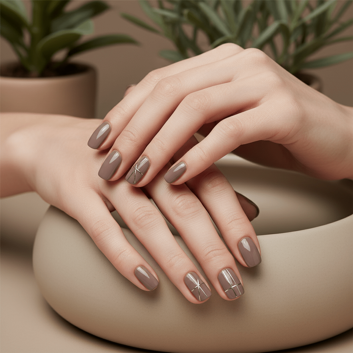 Minimalist matte ceramic surface with mushroom taupe nails featuring abstract silver line art.