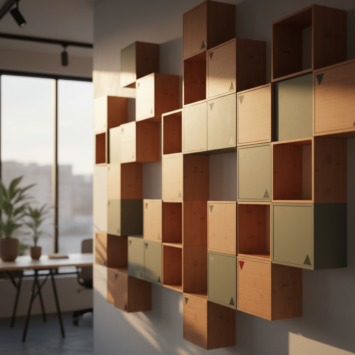 Modular storage boxes in geometric pattern with bamboo and matte recycled plastic.