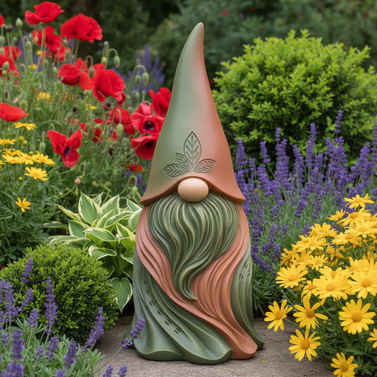 Sleek resin garden gnome with hidden ultrasonic cat repellent technology in earthy tones.