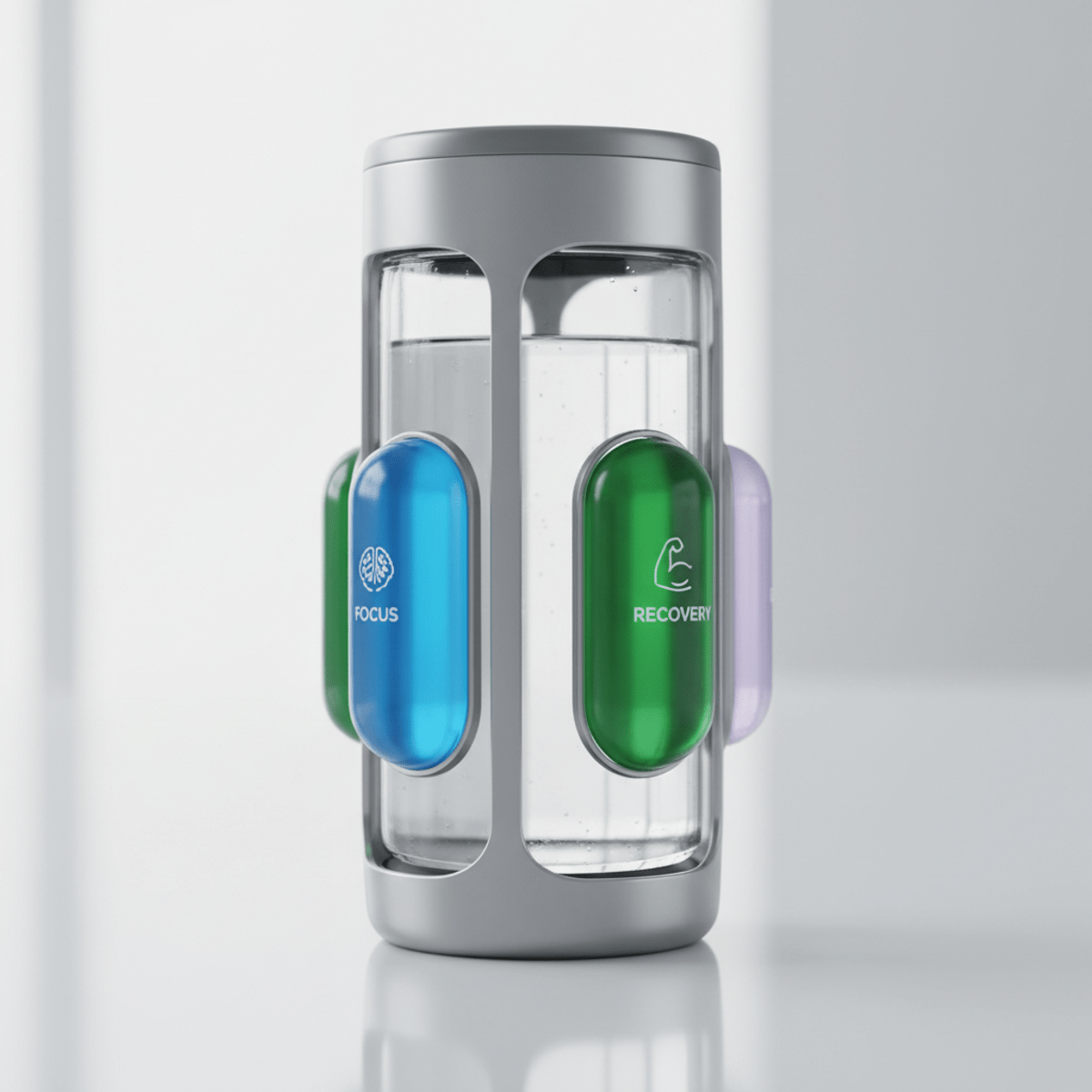 Sleek futuristic water bottle with vibrant flavor pods and minimalist design.