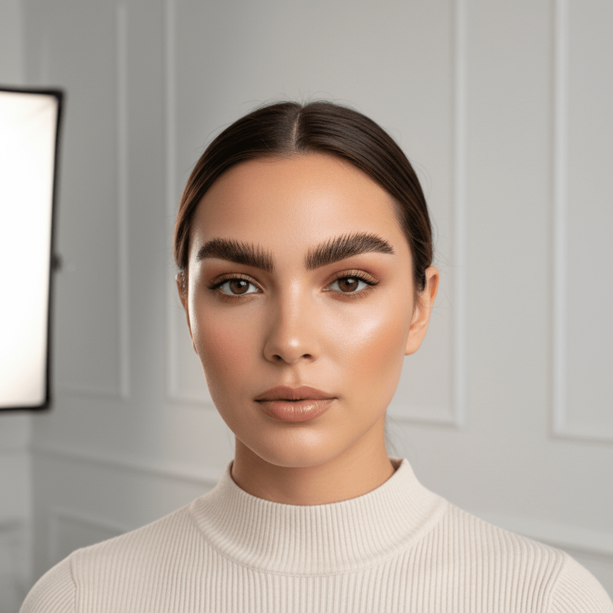 Model with thick, layered, natural eyebrows and dewy, glowing skin in a studio.