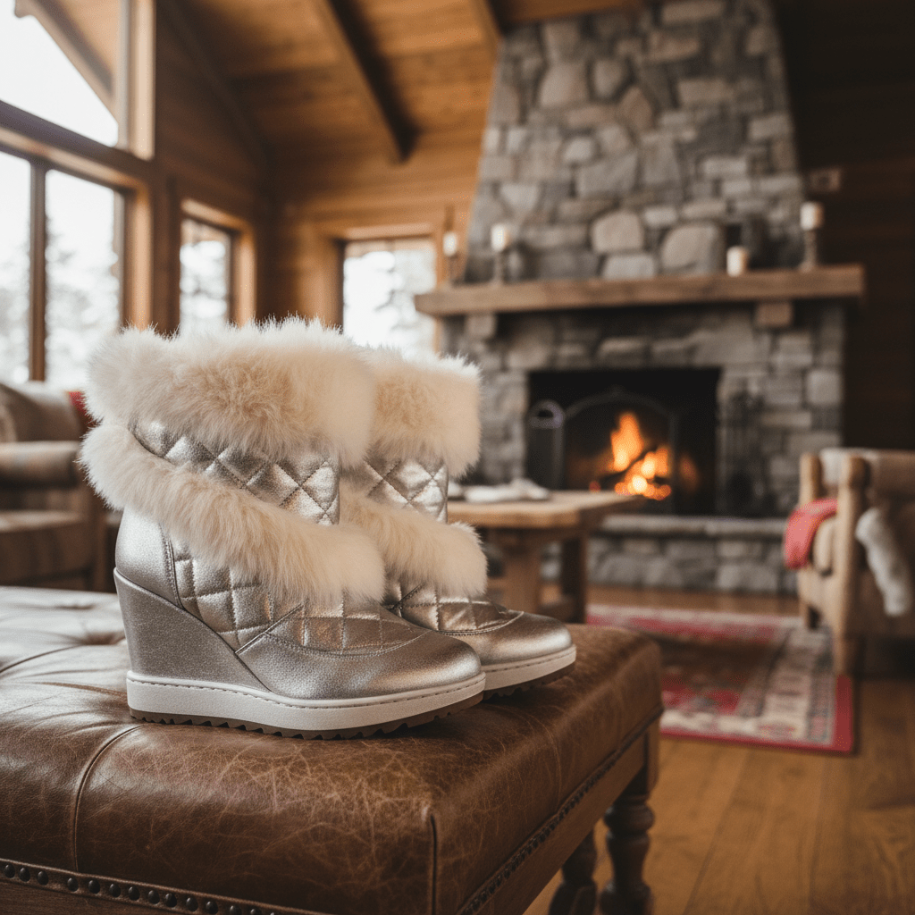Cozy fur-lined wedge boots in a ski lodge setting. Luxurious fur-lined wedge boots with metallic finishes rest on a leather bench.