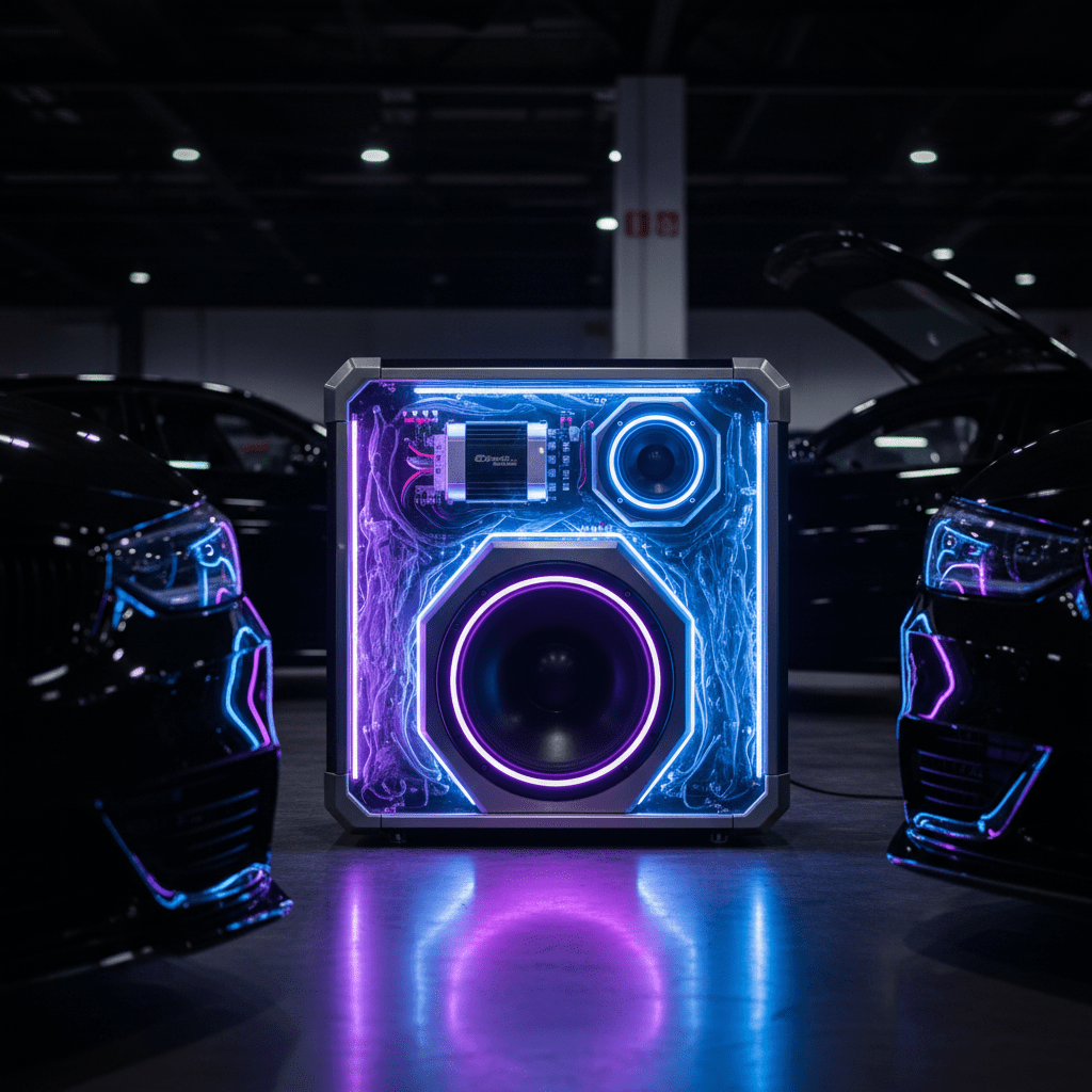 Dynamic ARGB lighting pulses in a high-tech car audio box with zone-specific illumination.