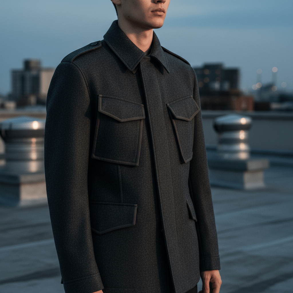 Model in charcoal M-65 jacket on urban rooftop, showcasing technical wool blend.
