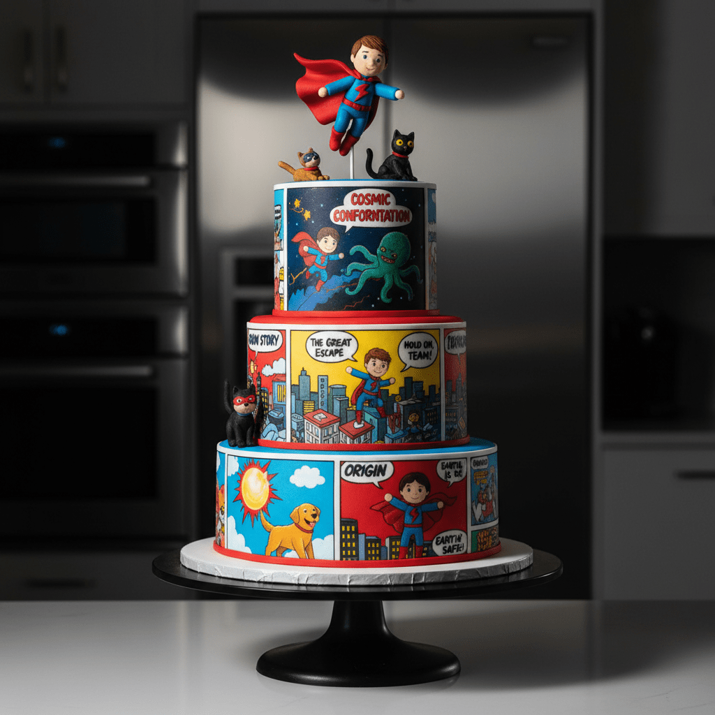Vibrant superhero cake with comic panels and a flying sugar sculpture.