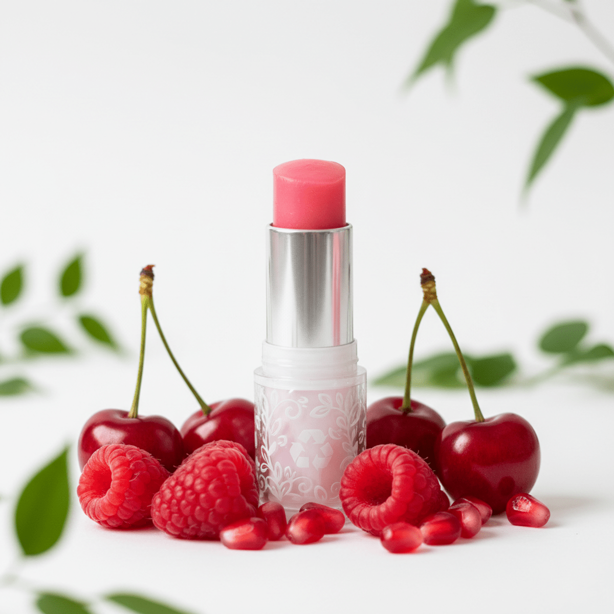 Natural pink lip balm with fresh fruit and recyclable casing Open pink lip balm with fresh fruit, in recyclable casing on white background.