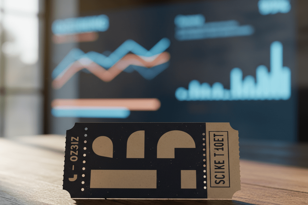 Concert ticket stub on wooden table with blurred digital queue background Medium shot of a textured concert ticket stub on weathered wood, soft digital queue glow in background, natural lighting, no text or people