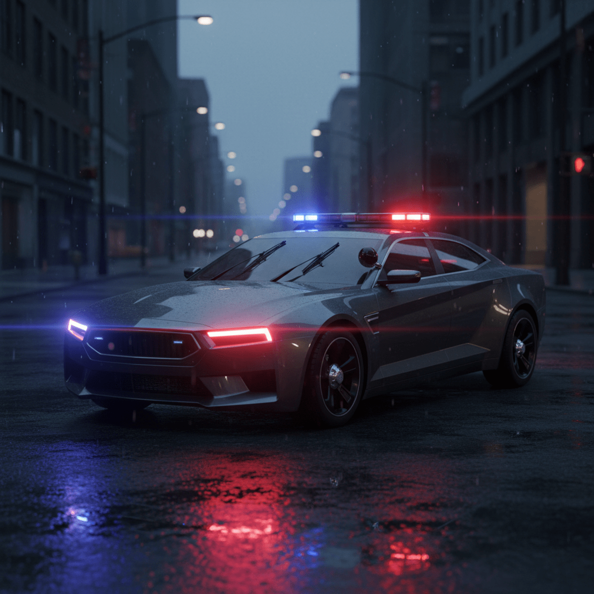 Slicktop patrol car with flashing red and blue lights on a wet urban street.