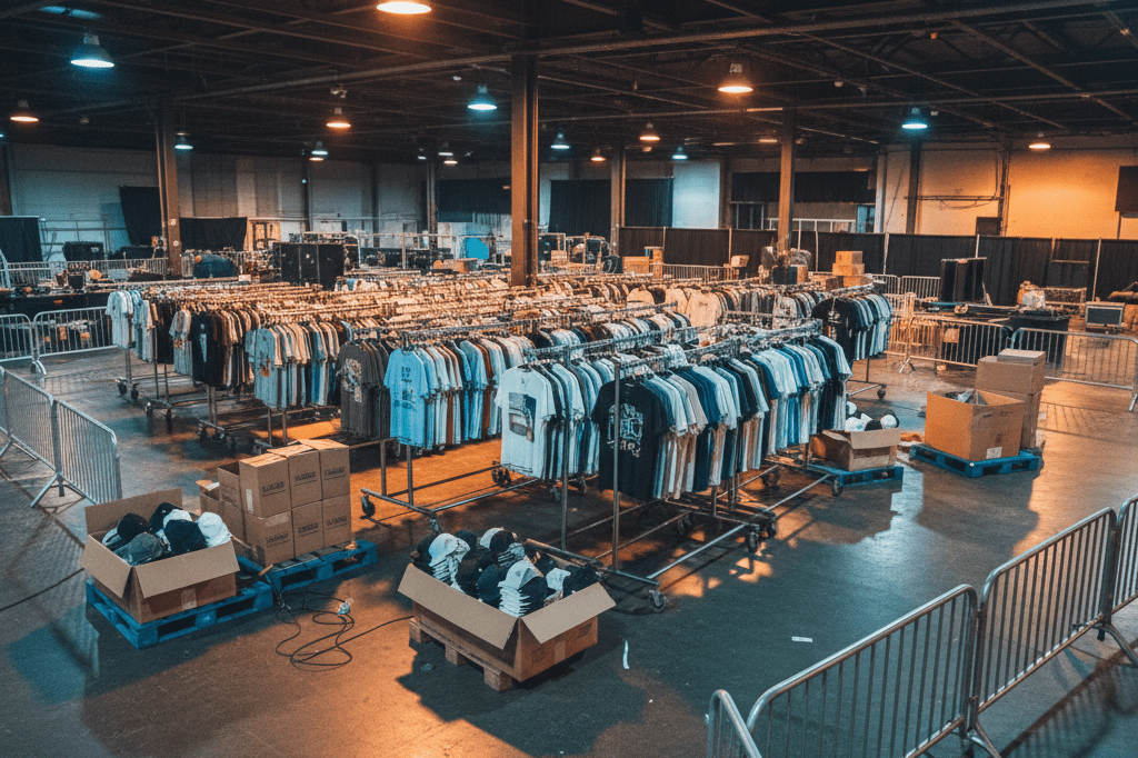 Wide shot of a backstage merchandise area with clothing racks and boxes under soft indoor lighting, highlighting event logistics