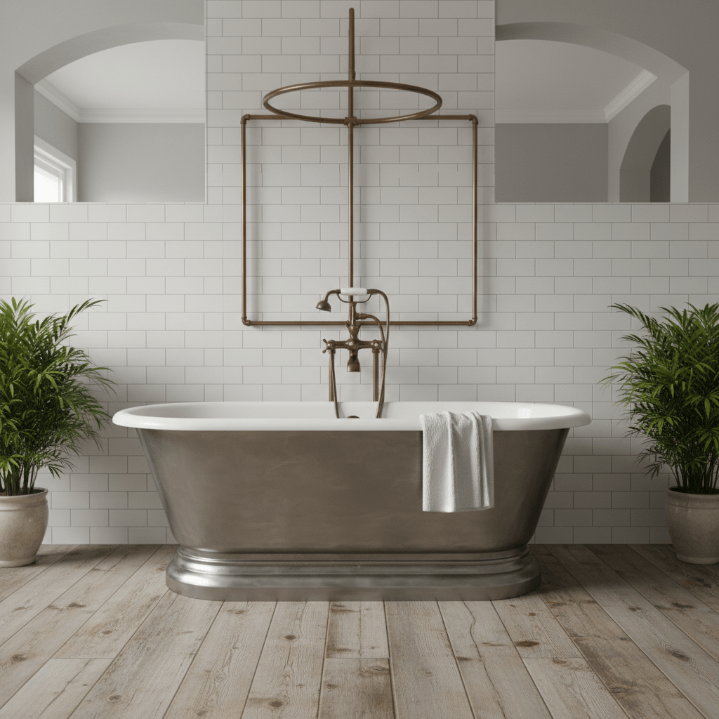 Brushed stainless steel clawfoot tub with copper pipes and antique brass fixtures.