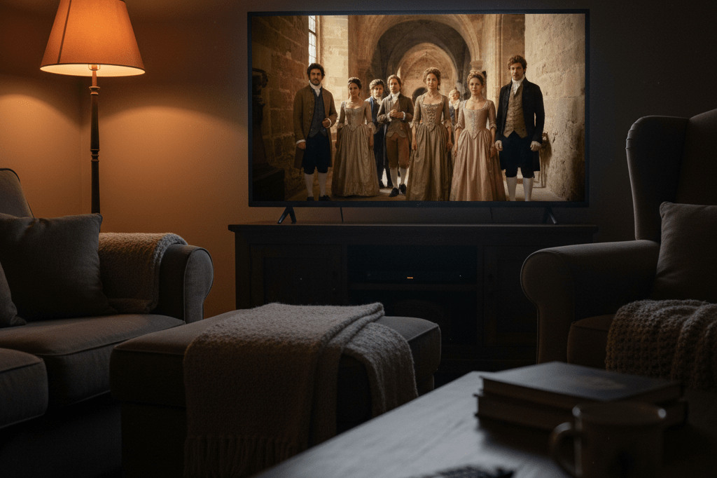 Television screen displaying historical drama scene in dimly lit room with remote, evoking weekly finale anticipation