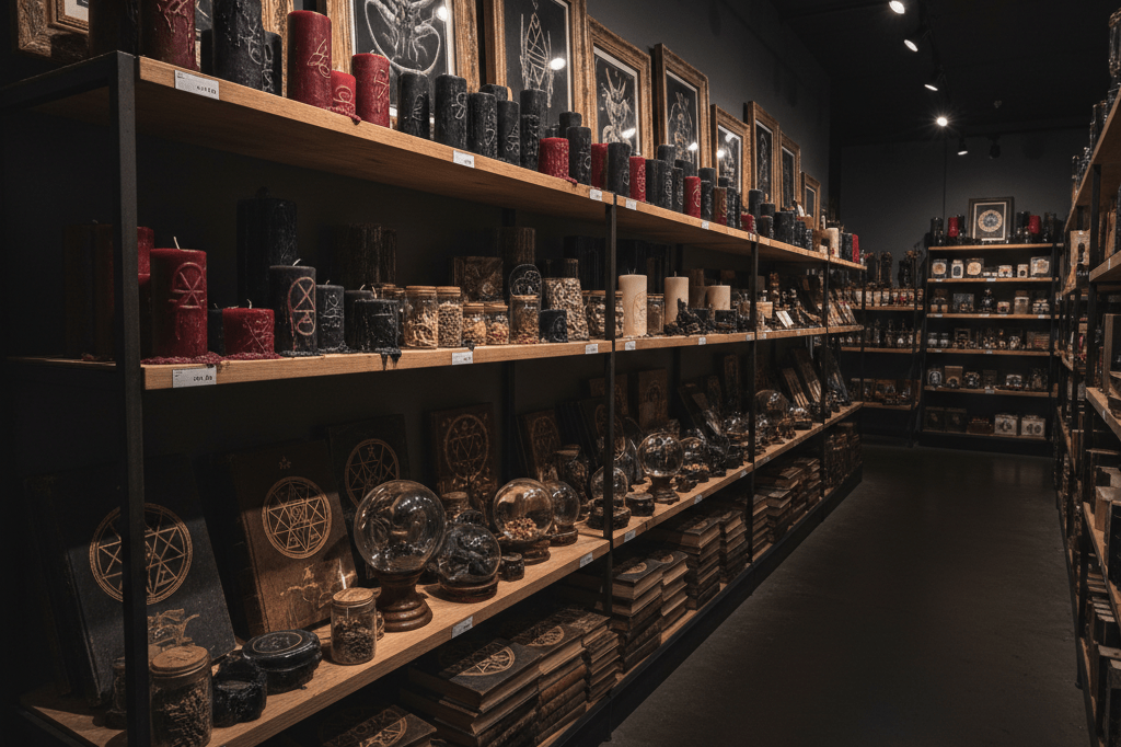 Wide-angle view of a retail store aisle featuring candles, framed art, and books under ambient lighting to evoke mystery