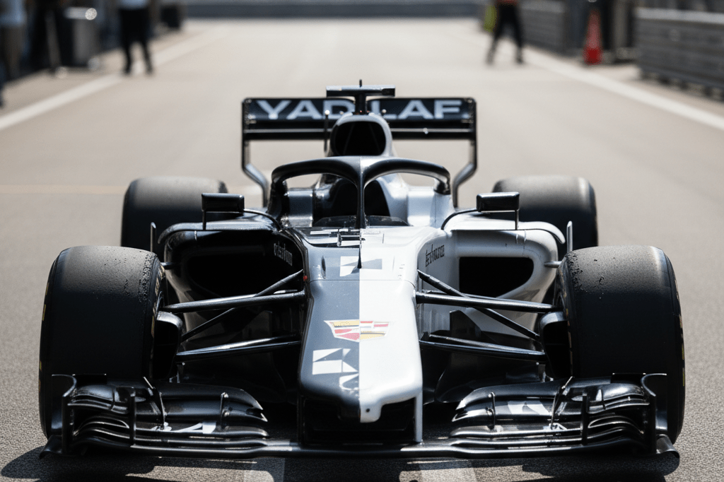 Medium shot of a Formula 1 car with contrasting black-and-white split livery on sunlit asphalt, no visible branding or people