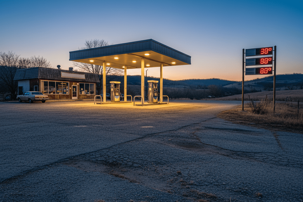 Deserted gas station with price board reflecting market volatility during challenging economic times