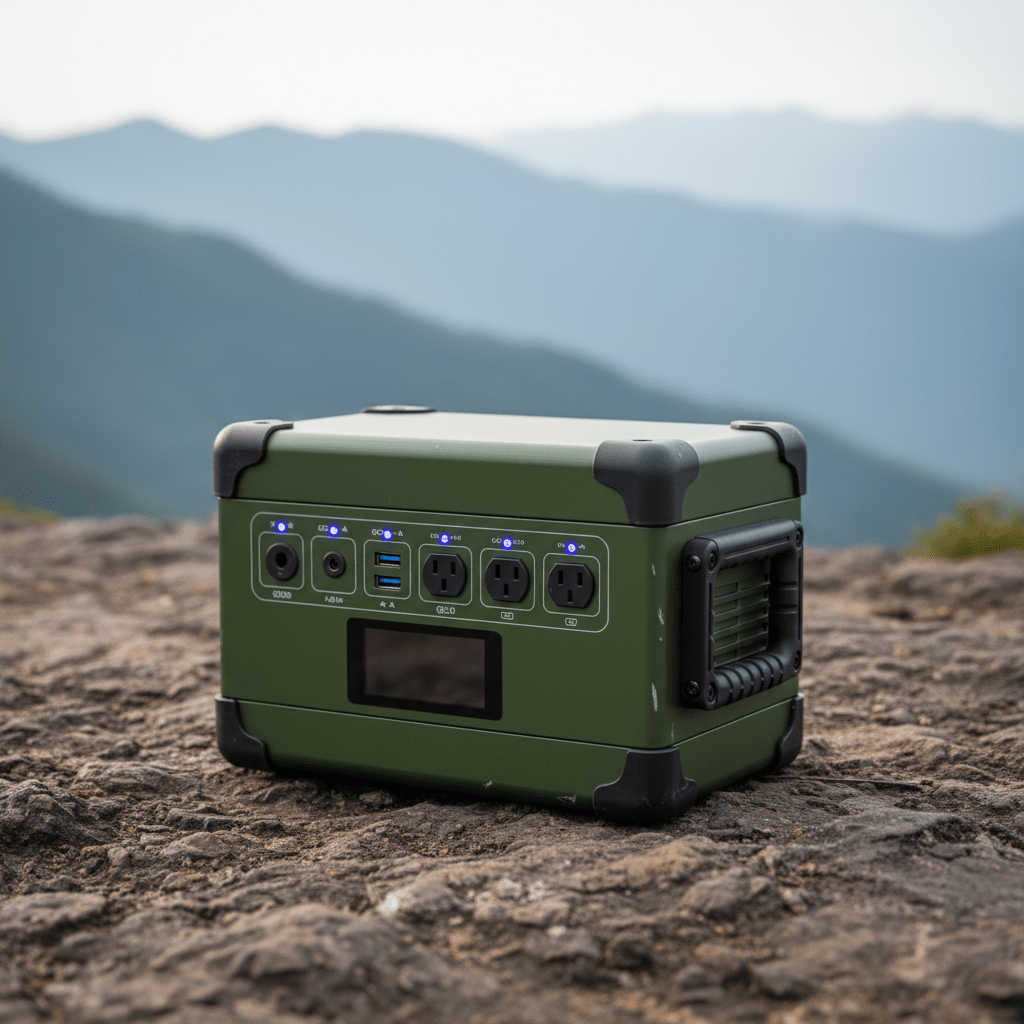 Rugged olive green portable power station with reinforced corners on rocky terrain.
